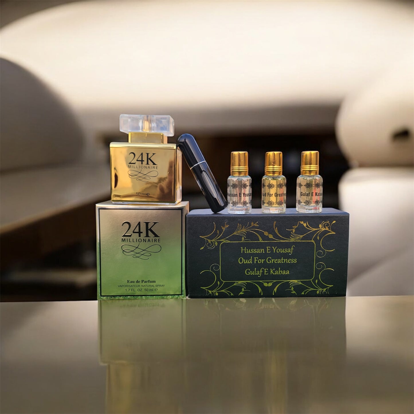 Gold Deal | 1 Perfume 24K | 3 Attars: Gilaaf e Kabaa, Oud For Greatness, Hussan e Yousaf & Refiller