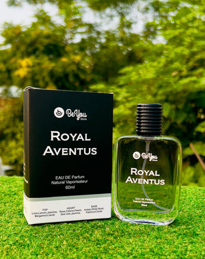 Royal Aventus perfume bottle and packaging on a grassy background